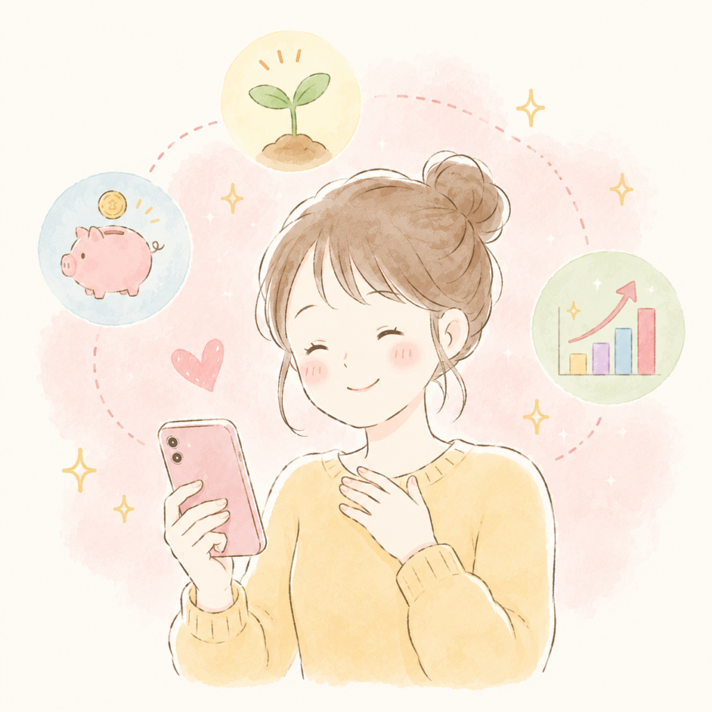 スマホで積立投資の設定をしてほっとした表情の女性のイラスト