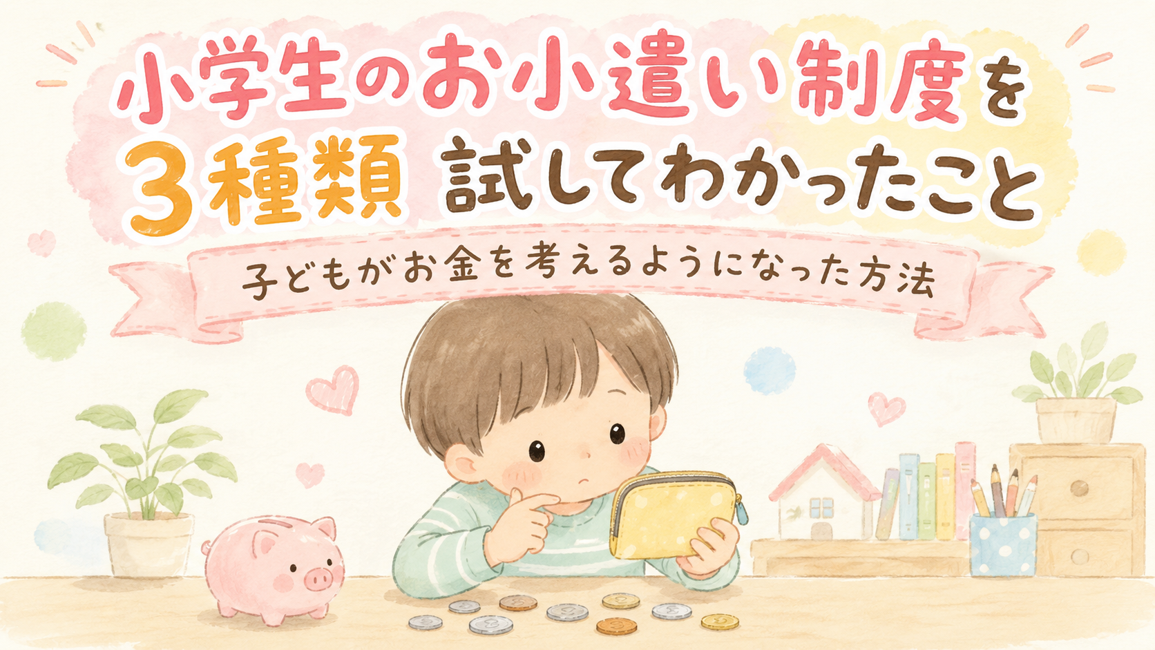 小学生の子どもが財布を開いてお金を眺めて考えているイラスト