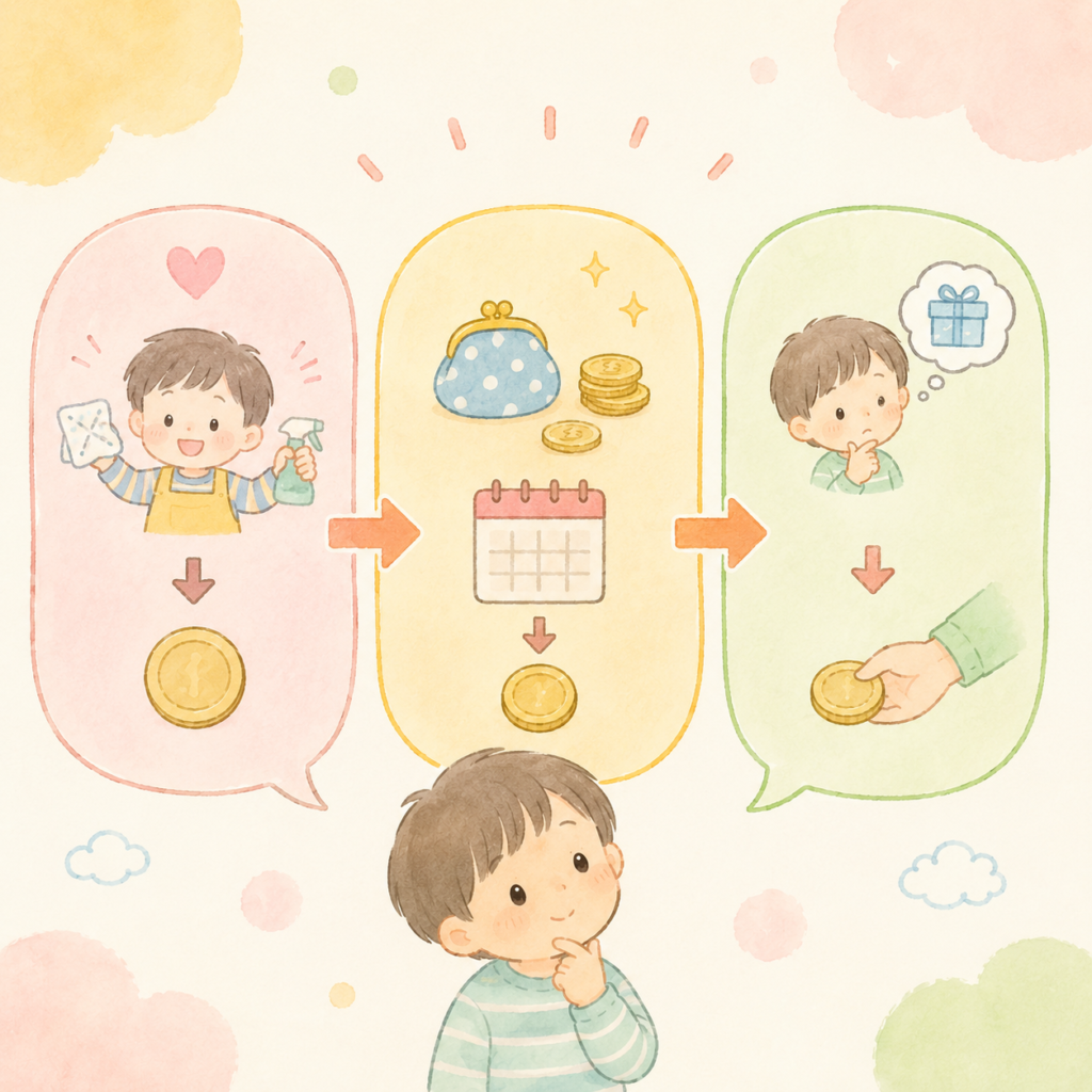 お手伝い制・定額制・都度渡し制の3種類を試した流れを示したイラスト