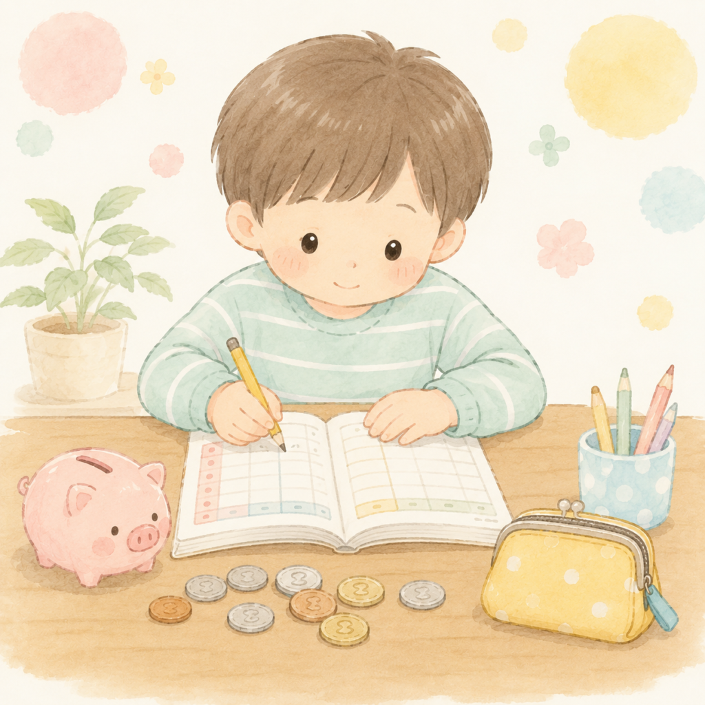 子どもが机でお小遣い帳に収支を記録しているイラスト