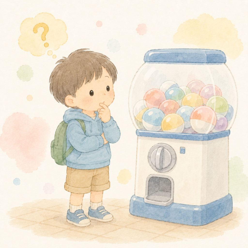 コンビニのガチャマシンの前で立ち止まって考えている小学生のイラスト