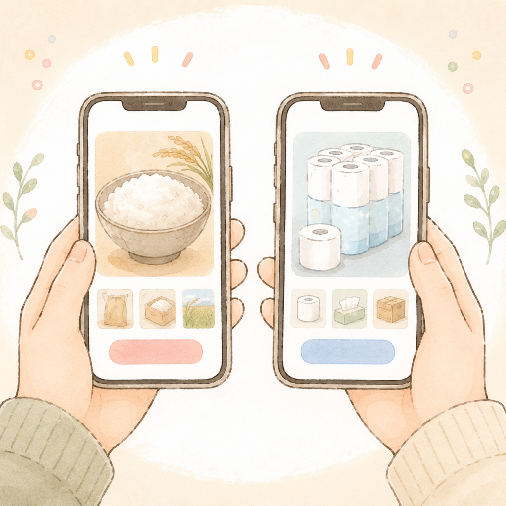 夫婦それぞれがスマホでふるさと納税を申し込んでいるイラスト
