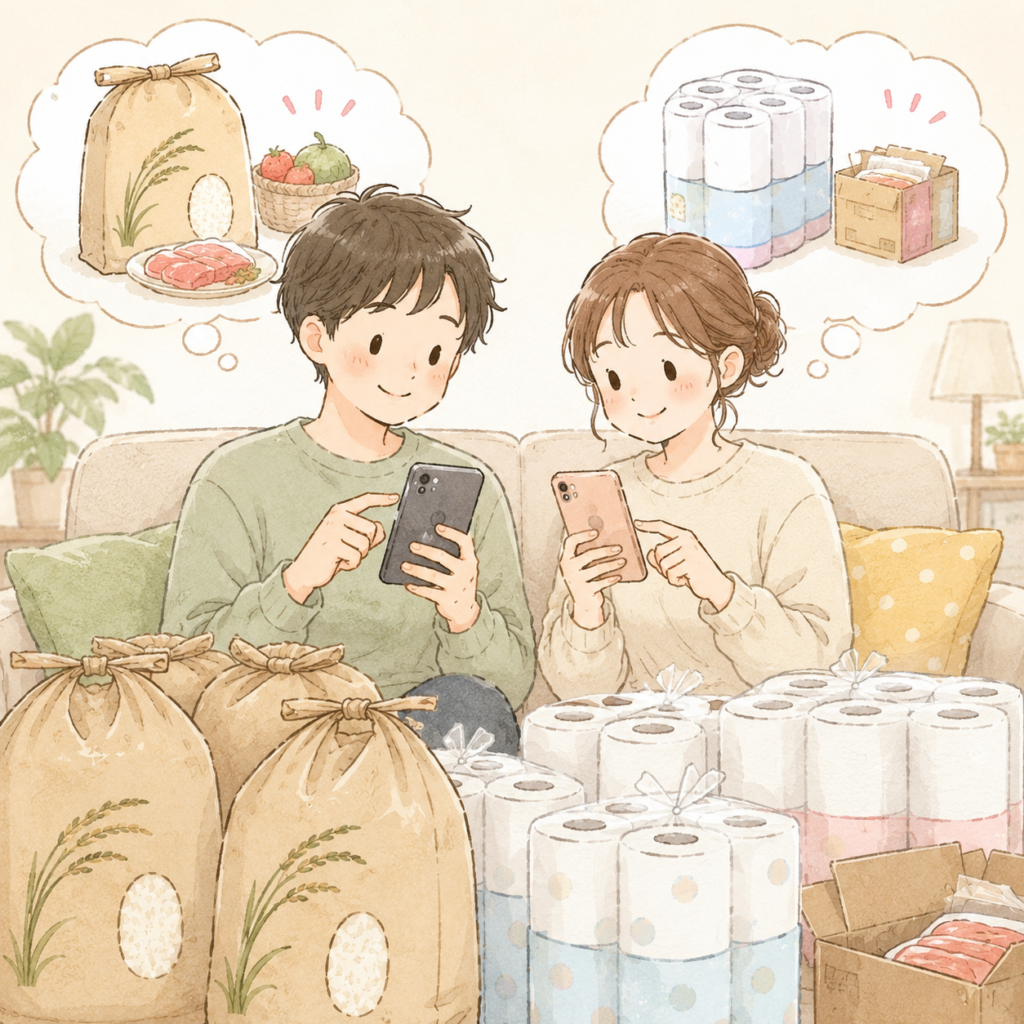 ふるさと納税で同じ返礼品が大量に届いてしまったイラスト