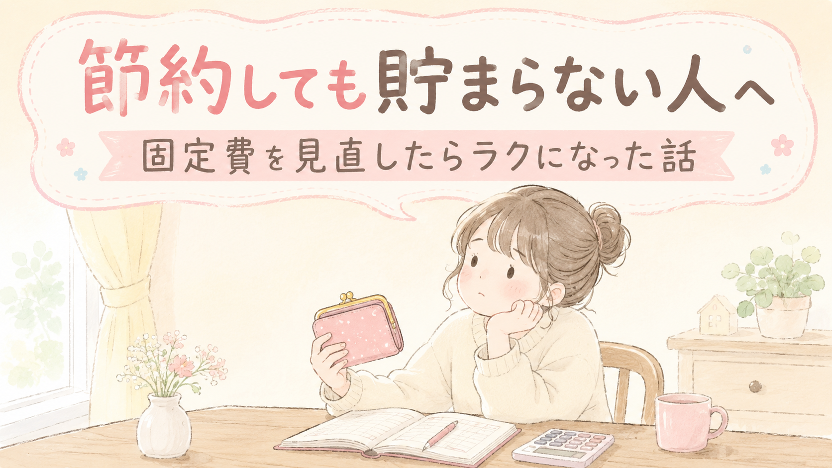 家計について考えている女性のイラスト