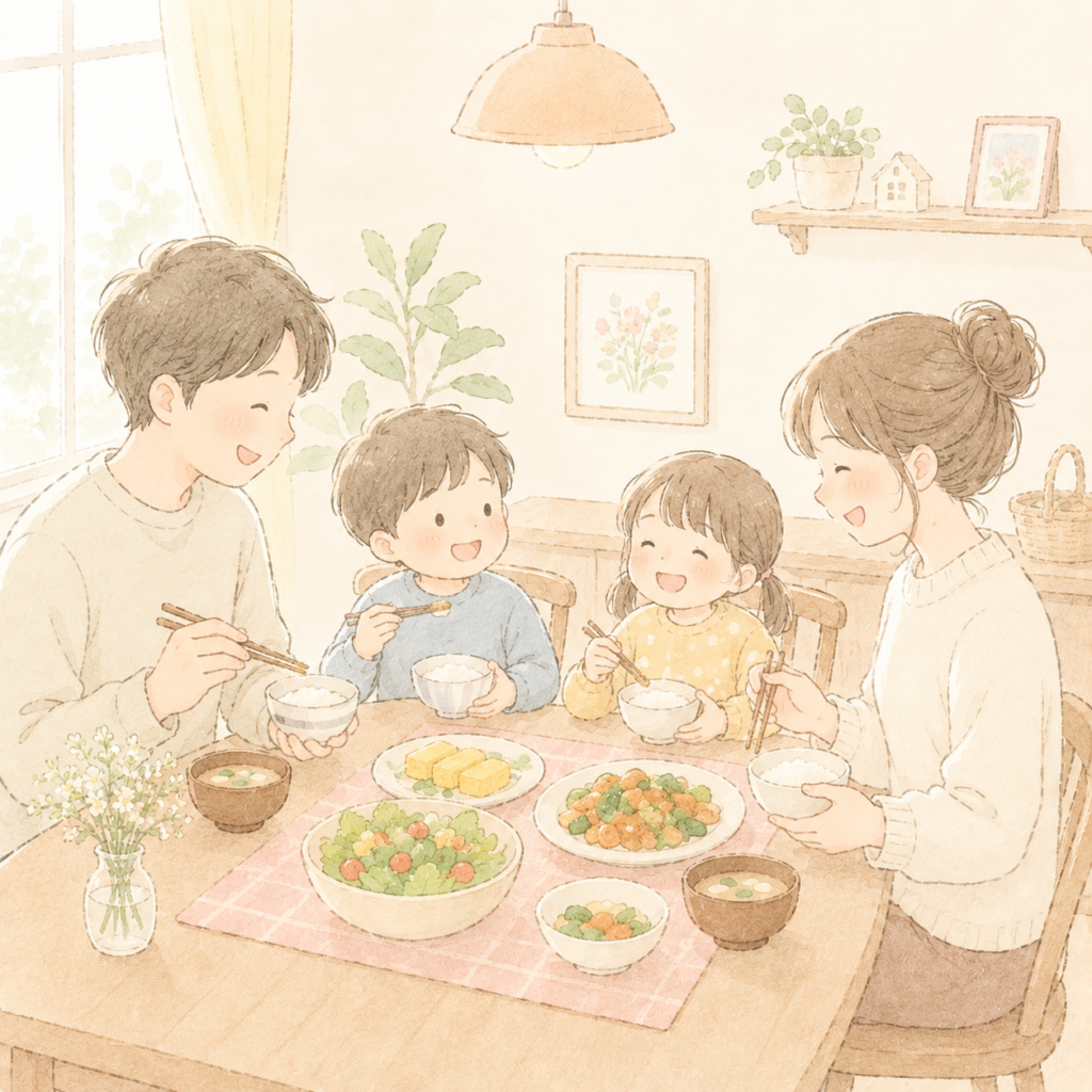 家で食事を楽しむ家族のイラスト