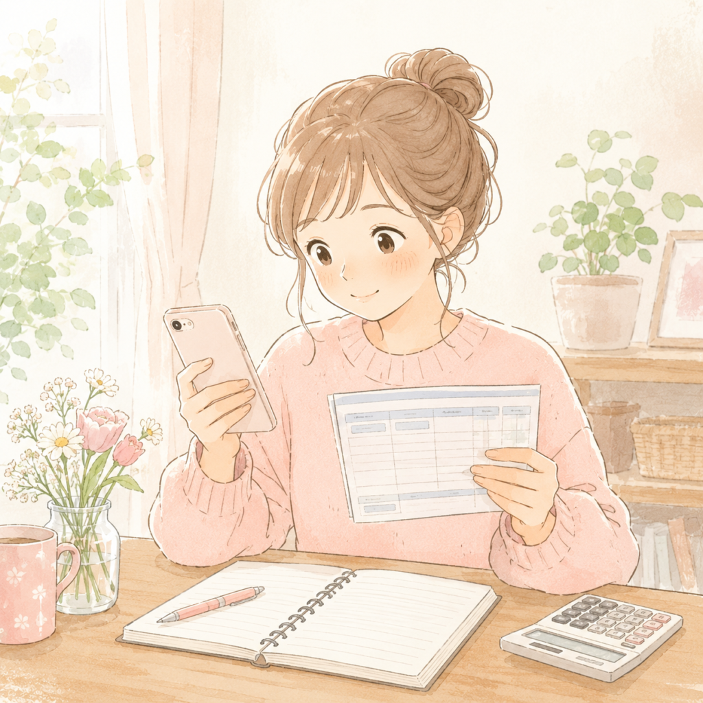 給与明細を確認して年間収入を把握する女性