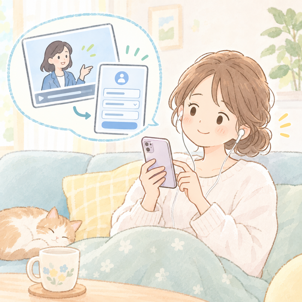 解説動画を見ながらスマホで口座開設を進める女性のイラスト