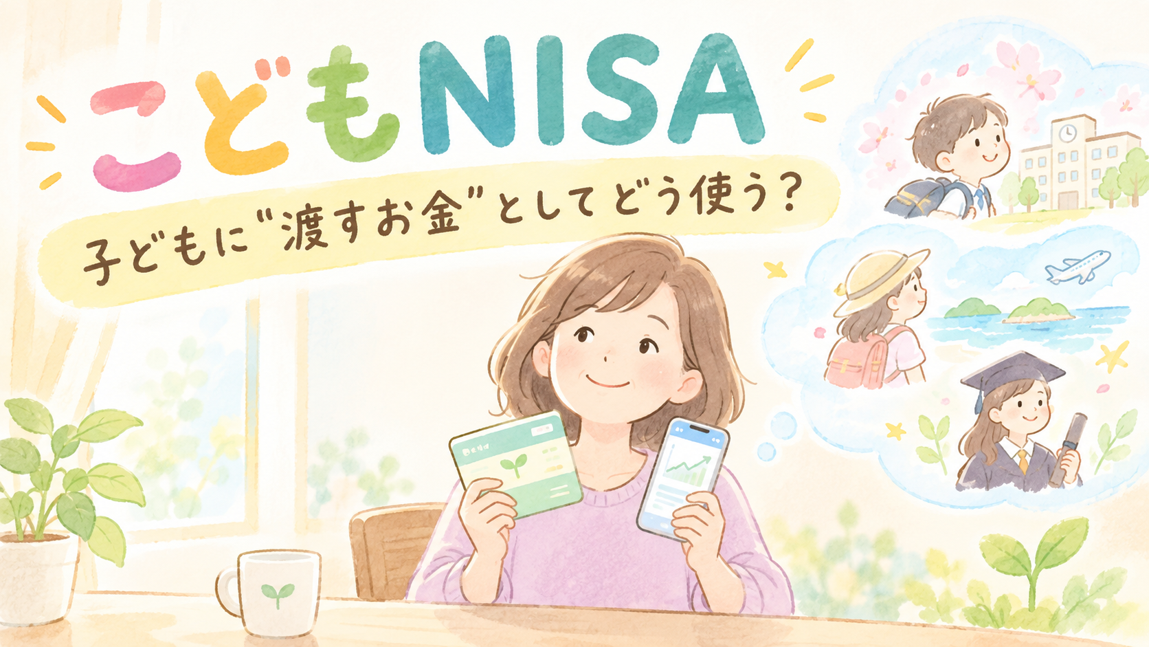 子どものために貯めてきたお金の使い道を考える母親のイラスト