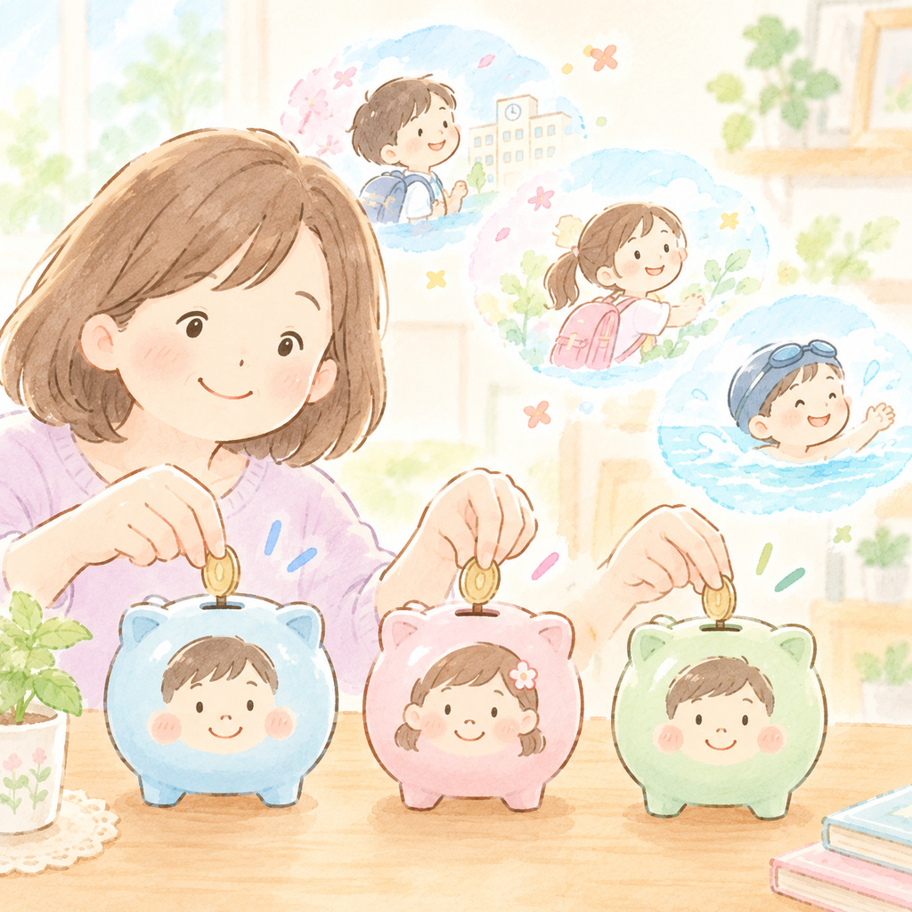 3つの貯金箱にコインを少しずつ貯めていくイメージのイラスト