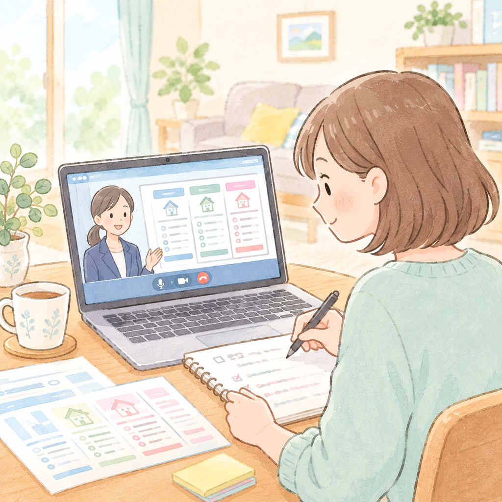 オンラインで保険の見積もりを比較する女性のイラスト