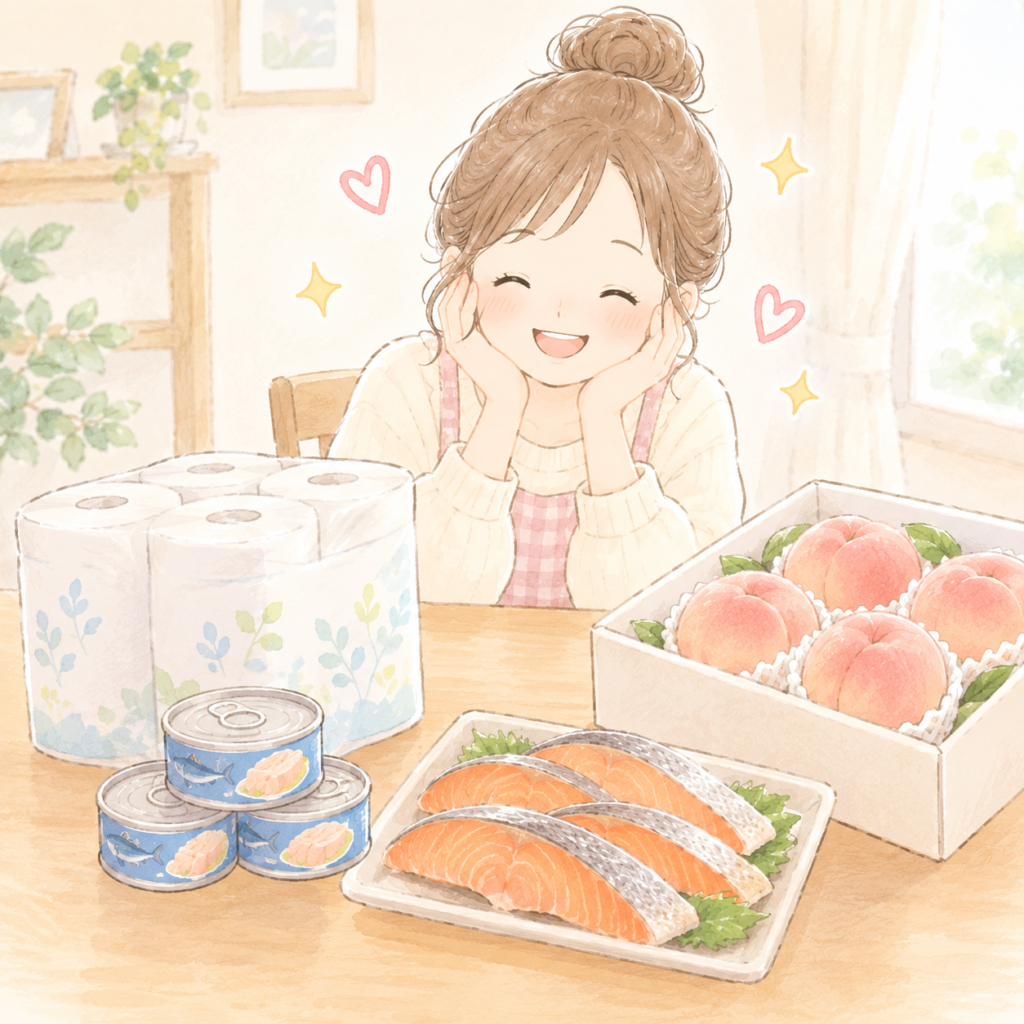 ふるさと納税で頼んだ日用品と食品の返礼品イラスト