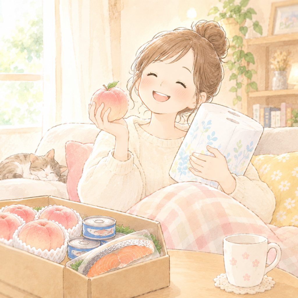 ふるさと納税を始めて安心した様子の女性のイラスト