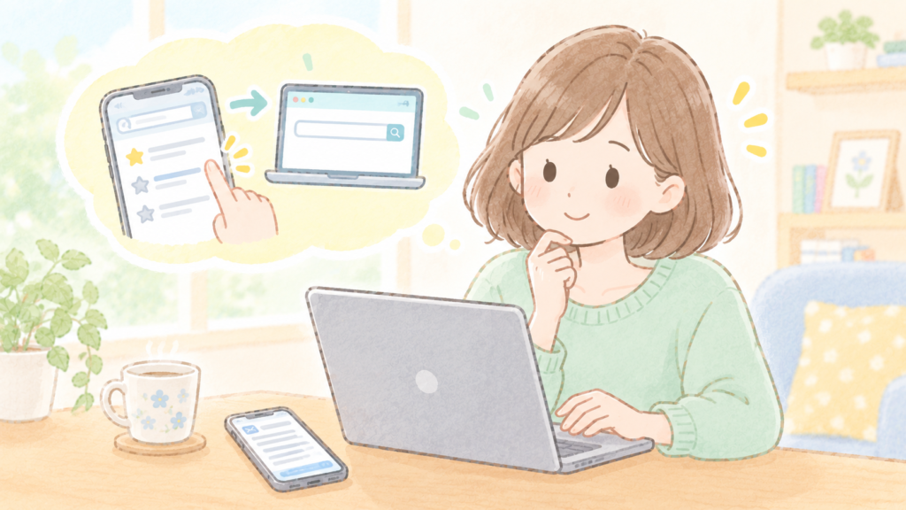 ブックマークから公式サイトを開こうとしている女性のイラスト