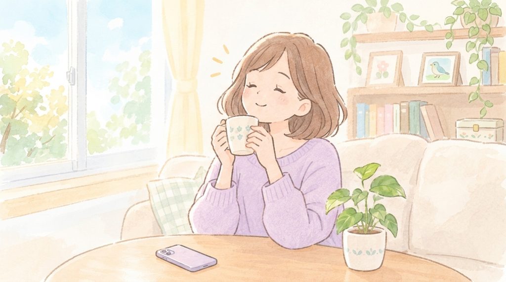 値動きを気にしすぎずお茶を飲んでいる女性のイラスト
