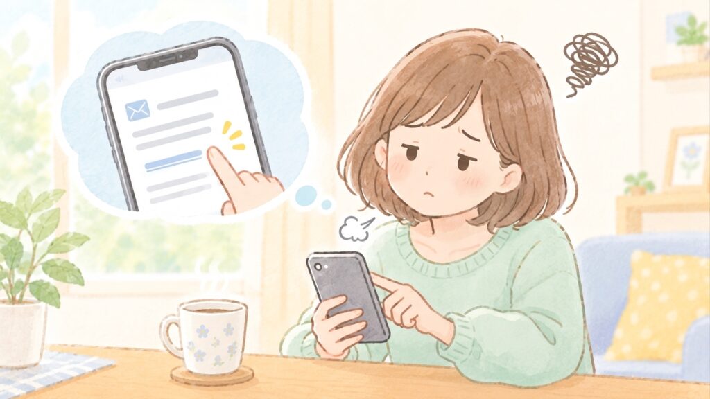 面倒そうな顔でメールのリンクをタップしようとしている女性のイラスト